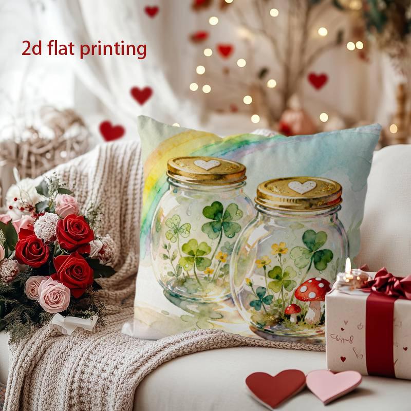 

Rainbow Jars with Clovers and Mushrooms Pillow Cover Pattern Cushion Cover Suitable for Sofa Bedroom Car Pillow Cover 16x16Inch