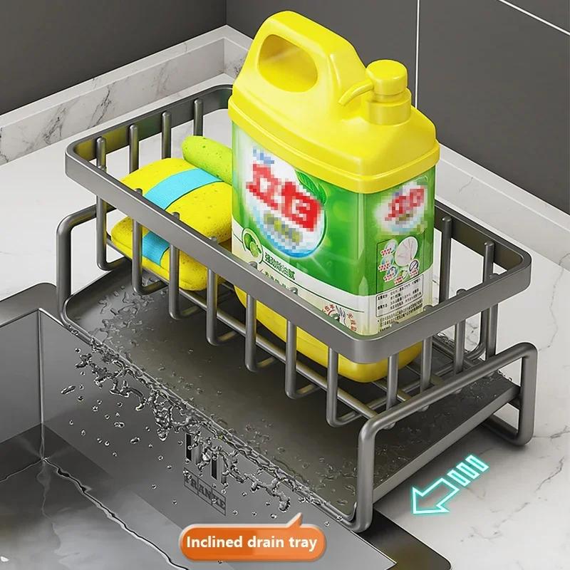 Organizator de suport pentru chiuveta de bucătărie Suport pentru burete pentru chiuvetă de bucătărie cu tavă cu auto-scurgere pentru vase, exfoliant pentru săpun, raft pentru cârpă din oțel inoxidabil