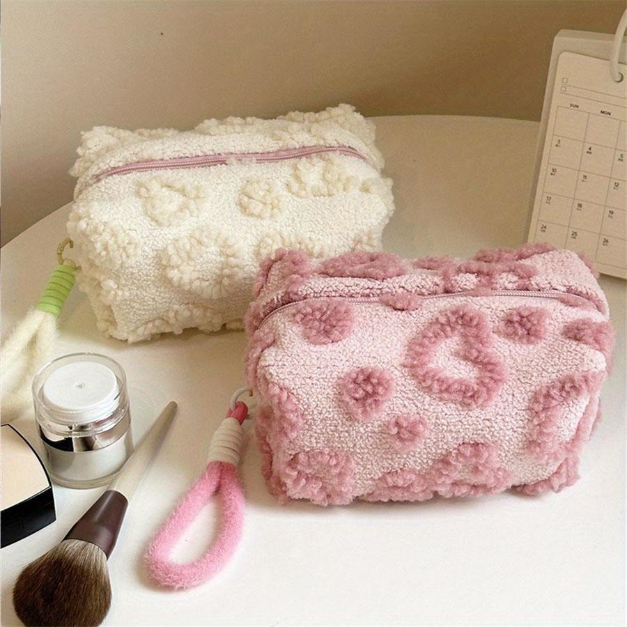 Plush Makeup Bags with Handle Soft Travel Cosmetic Storage Bag Portable Love Print Organizer Pencil Case Cute Clutch Pouch