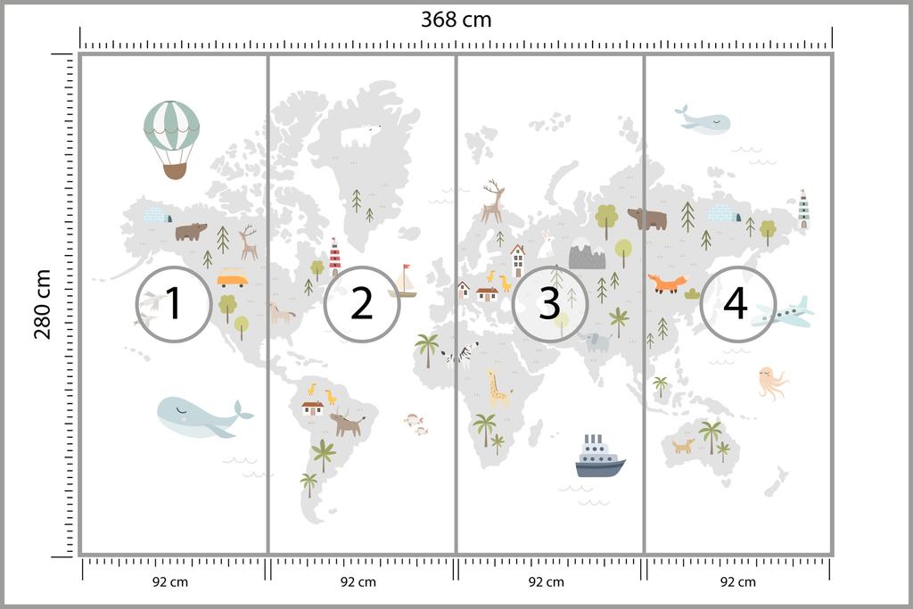 Photomural World Map With Cute Animals In Cartoon Style. Map For Nursery, Kids Room With Nature, Animals, Transports. Skandi Smooth Vinyl 368x280