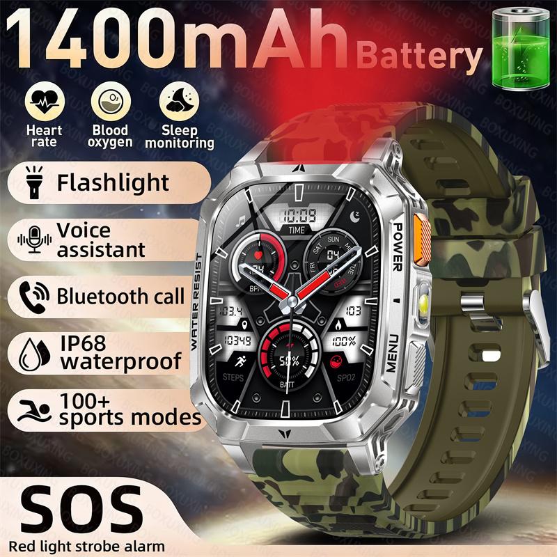

Rugged Outdoor Smart Watch 1400mAh 2.01 HD Screen Bluetooth Call GPS IP68 Waterproof Flashlight SOS Fitness Watch for Men 1400 Large Battery