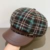 Wool Plaid Octagonal Hat for Women in Autumn and Winter PU Leather Versatile Retro Beret Temperament Fashionable Literary Painter Hat