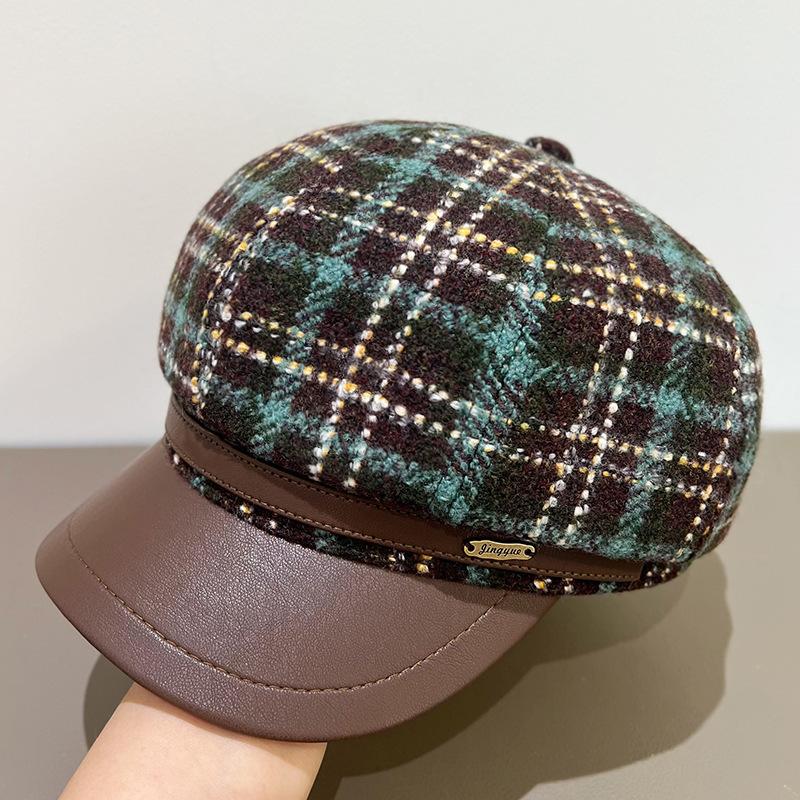 Wool Plaid Octagonal Hat for Women in Autumn and Winter PU Leather Versatile Retro Beret Temperament Fashionable Literary Painter Hat
