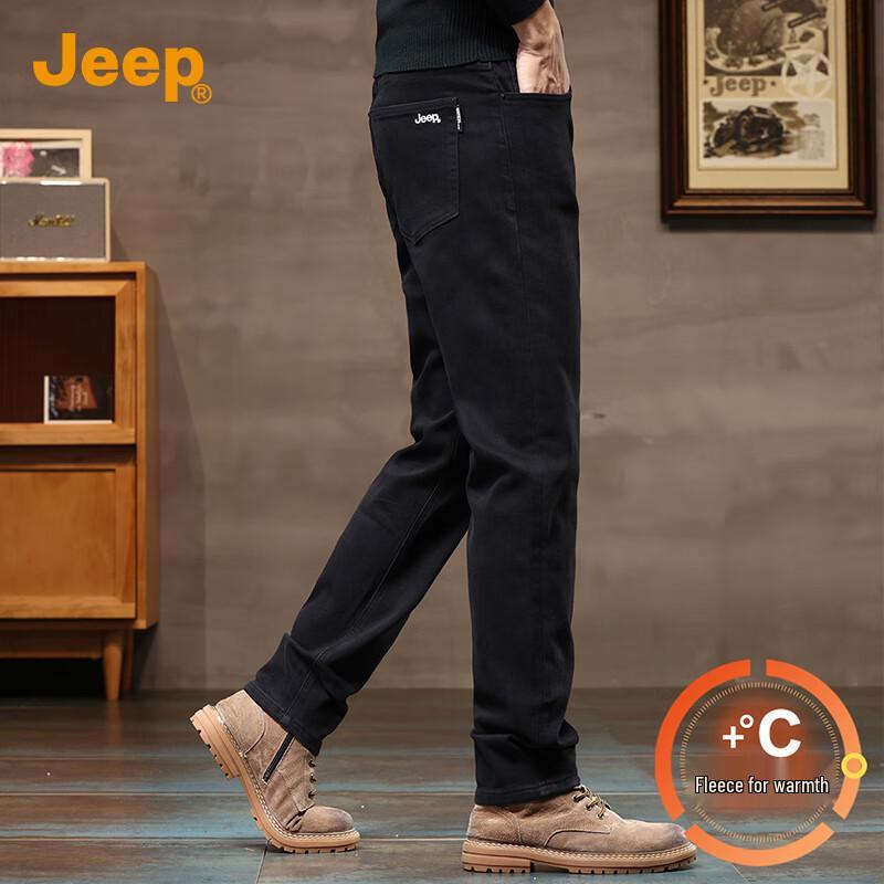 JEEP 2025 Autumn/Winter Men's Thin Fleece Straight-Leg Stretch Jeans
