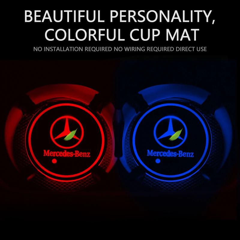BTT1 1pcs Car Accessories Led Car Logo Cup lights Smart Luminous Water coaster For Mercedes benz AMG A B R G Class GLK GLA C200 E200