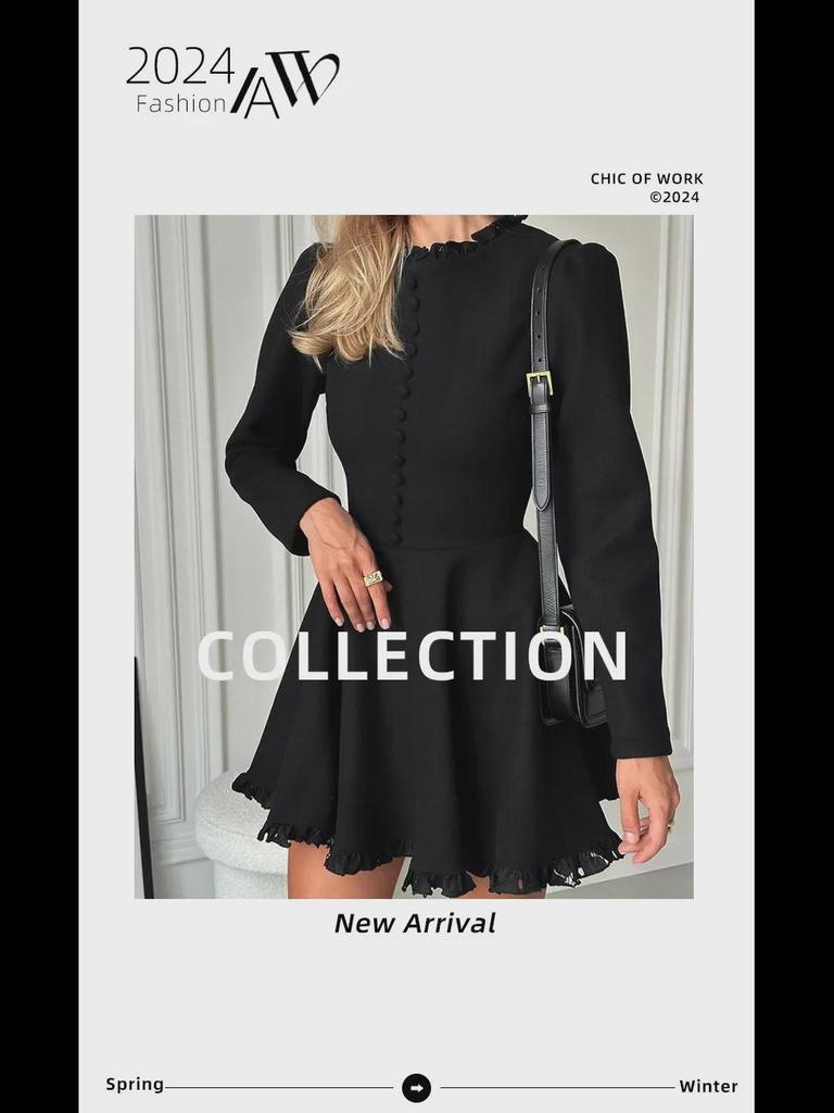 G2024 Fall/Winter Elegant Black Long Sleeve Round Neck Lace Dress