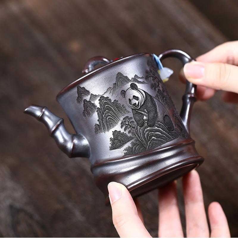 

260ml Yixing Purple Clay Teapots Handmade Panda Pot Raw Ore Antique Black Mud Tea Making Kettle with Strainer Zisha Tea Set Cha