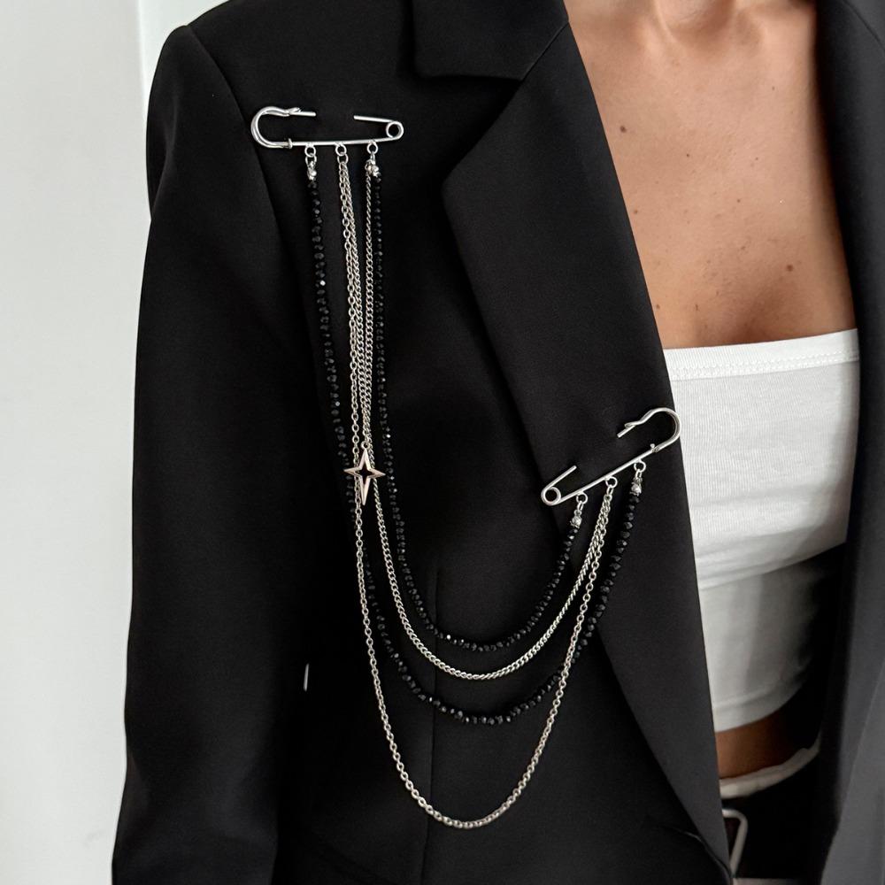 Fashion Iron Punk Brooches Crystal Alloy Suit Brooch Multi-layer Black Chain Brooches Jewelry