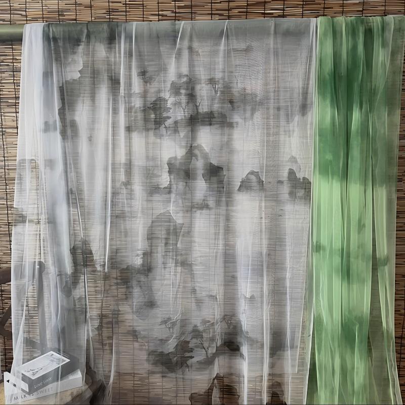 Chinese Ink Wash Landscape Tie-Dye Green Gauze Curtain for Wedding or Mall Decor