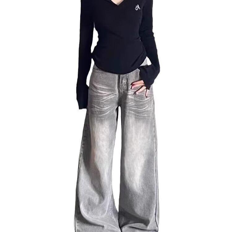 Women s High-Waist Petite Wide-Leg Straight Jeans for Spring/Autumn 2025 Extra Large серый
