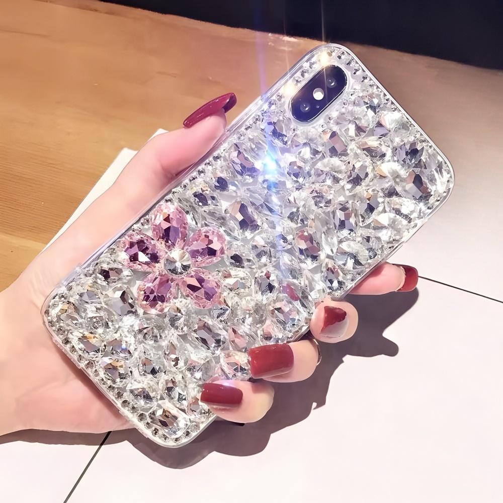 

Glitter Rhinestone Flower Phone Case For OPPO Reno 14 14F 13 13F 12 12F 11 11F Pro 4G 5G Sparkling Crystal Diamond Cover OPPO Reno 14 розовый
