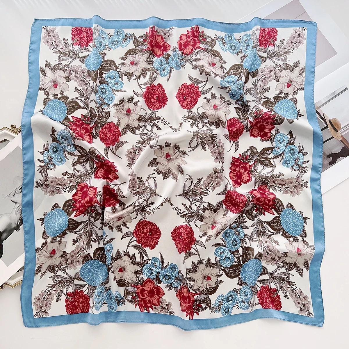 

Floral Print Silk Feeling 70cm Square Scarf for Women Bandana Foulard Hairband Neckerchief Soft Satin Hijab Scarves Lady Elegant 70 x x70 cm