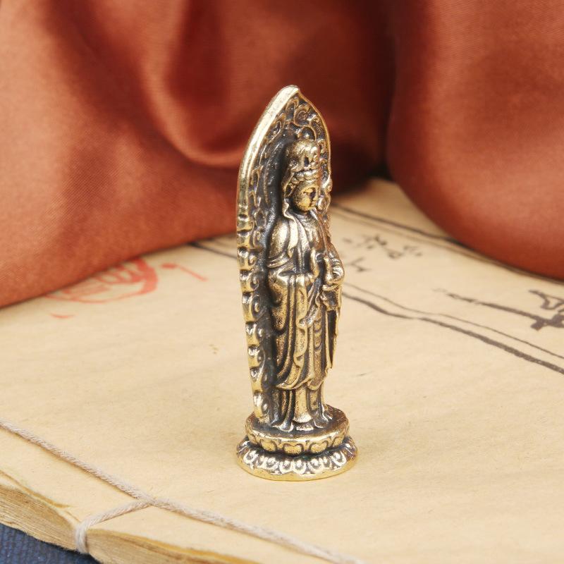 Antiker Messing Western Drei Heilige Bodhisattva Schreibtischornament Bronze Skulptur Buddha Hintergrundbeleuchtung Guanyin Statue