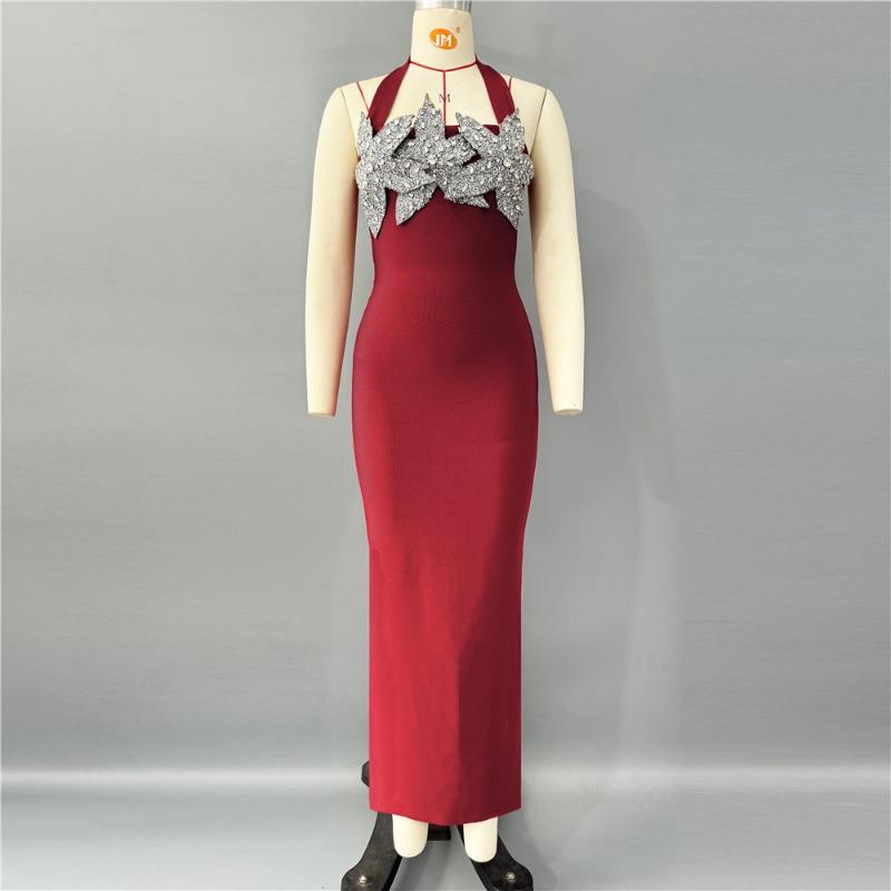 Rochie nouă cu fustă bandaj, guler la baza gâtului, modă cu flori și diamante, slim, de banchet, sexy, de seară