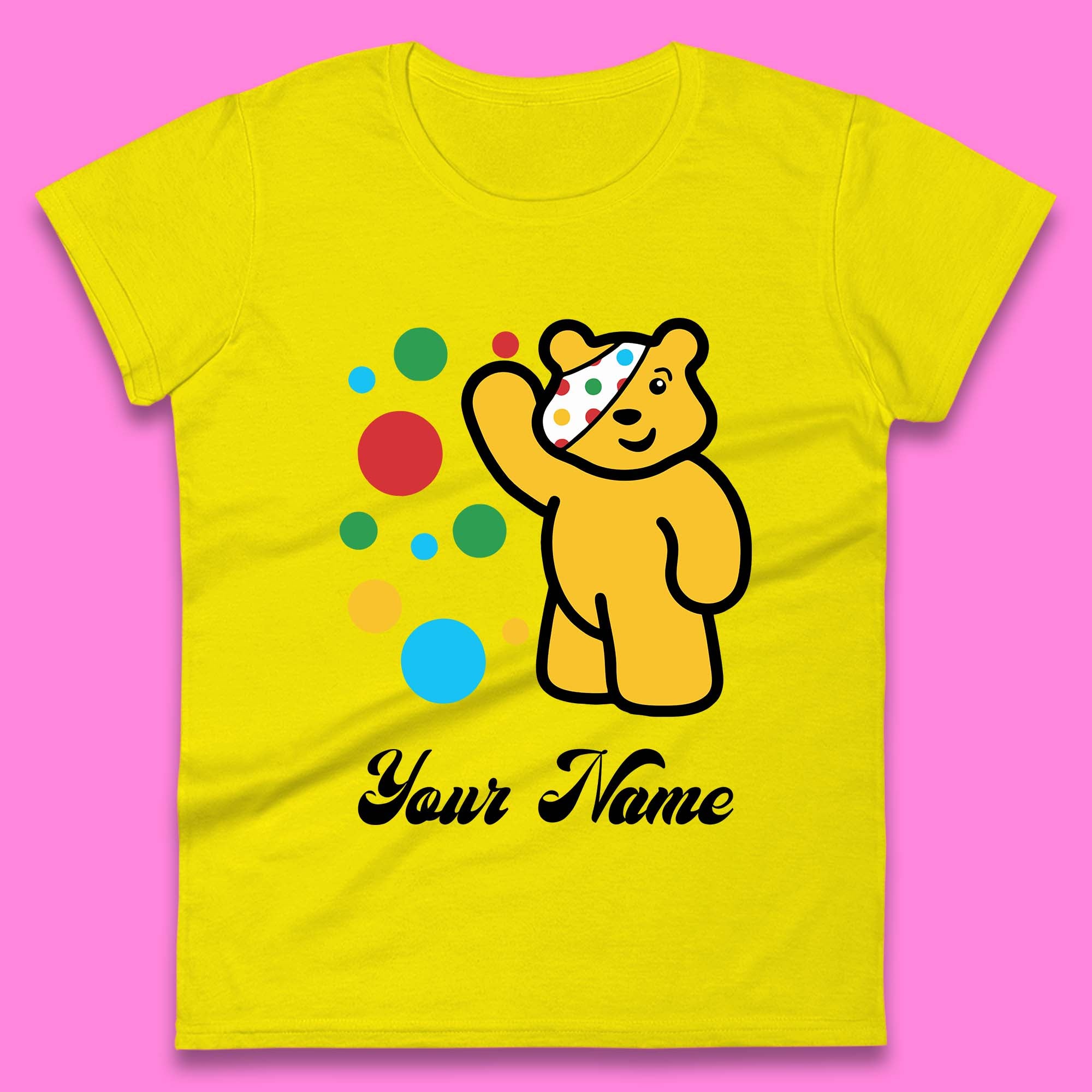 Personalised Spotty Pudsey Bear Hand Waving Dotty Spot Your Name Fundraising Spotty Bear Spotty Day Womens Tee T Shirt Mens Tops Unisex Top S