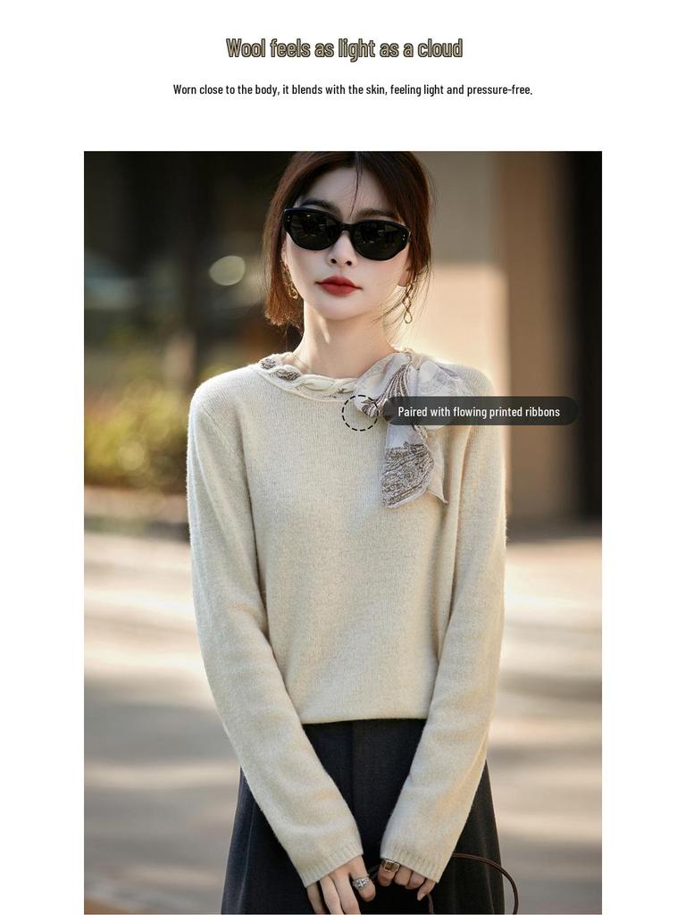 2025 Autumn/Winter Women's Loose Round Neck Ribbon Knit Sweater - Long Sleeve, Cozy Wool Jumper, Elegant Ladies' Top