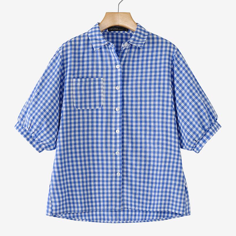 ZANZEA Women Casual Turn Down Collar Grid Print Loose Half Sleeve Blouse