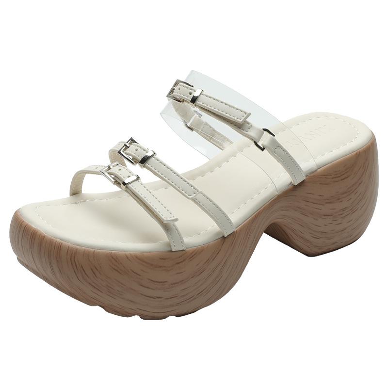 Roman Holiday Style High-end Soft-soled Heightened One-word Open-toed Platform Sandals Thin Strips Wood Grain Wedge Heel Muffin Shoes