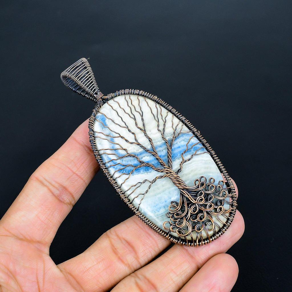 Blue Scheelite 999 Copper Wire Wrap Pendant, Handmade Gemstone Tree Of Life Pendant Jewelry, Gifts For Wife Brand New Pendant