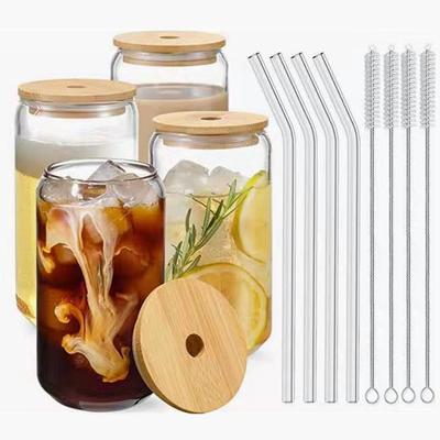 Strohhalmbecher-Gläser mit Bambusdeckel und Glasstrohhalm, wiederverwendbare Trinkgläser, Dosenförmige Glasbecher für Bier, Eiskaffee, Cocktail