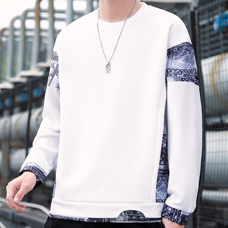 Waffle Fake Two-piece Men's Sweater Crew Neck Spring and Autumn Trendy Brand Cashew Flower Long Sleeve Design Sense Niche Clothes