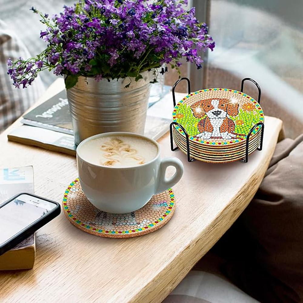 8 Pieces/set of Diamond Painted Dog Patterned Coasters, DIY Coasters with Holder, Suitable for Beginners and Adults, Art and Craft Supplies Gifts