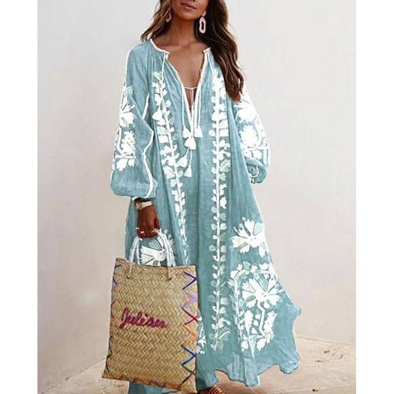 Long-Sleeve V-neck Print Loose Dress Long Sleeves V Neck Print Loose Long Dress