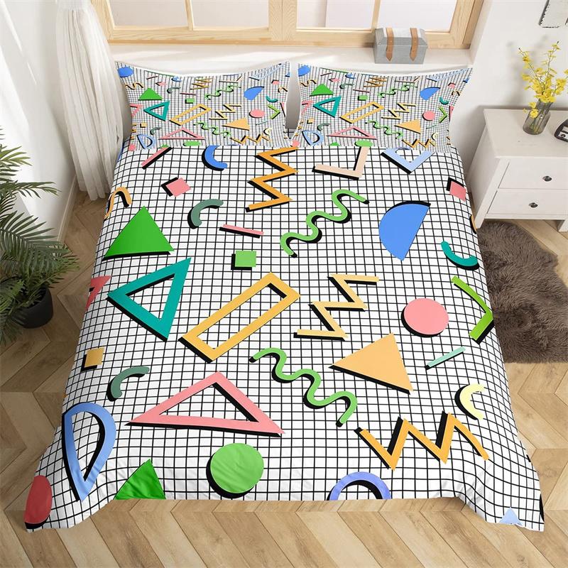 Retro 80s Style Beding Set Twin King-Sized Dimensionsd Dimensions Abstract Geometric Patern Soft Duvet Cover Set Microfiber Circle Plus Triangle