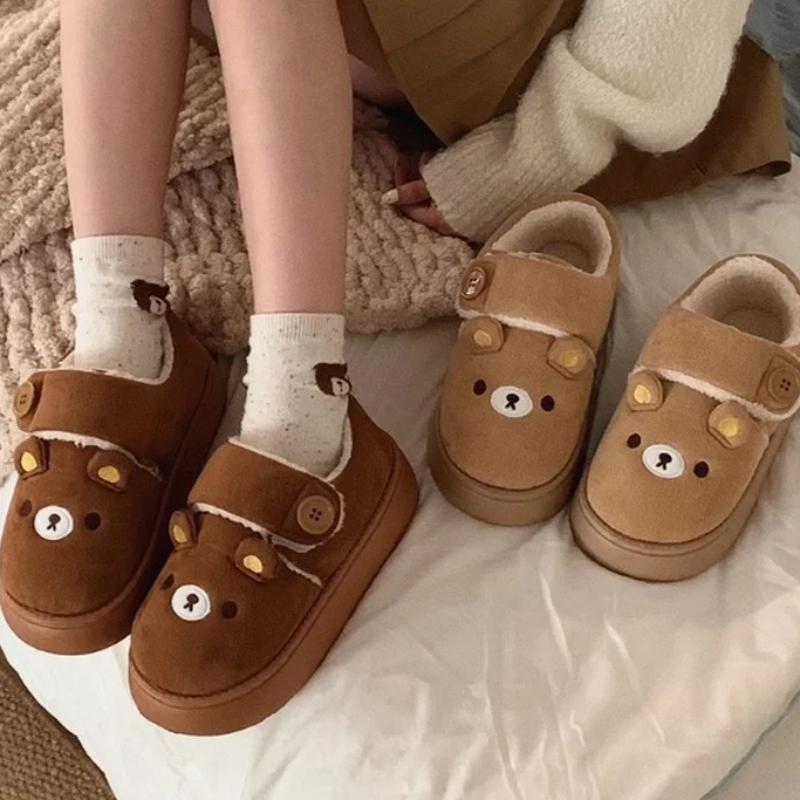 Kawaii Button Rilakkuma Lok Fu Bread Shoes Ladies Wear Non-Slip Thick-Soled Winter Hook and Loop Cotton Shoes