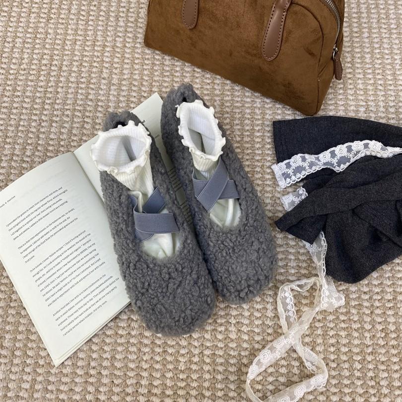 2025 new fluffy shoes round head ballet shoes fluffy warm autumn and winter new late evening wind flat single shoes women