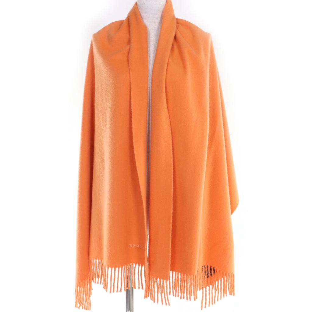 Very Good HERMES Scarf Large shawl/stole with embroidered logo Orange cashmere Used