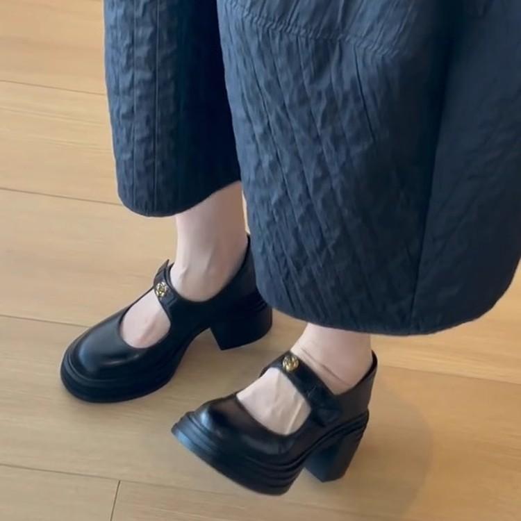 Sheepskin Version~ Temperament High-heeled Mary Jane Shoes Women's Velcro Light Mouth Thick Sole Small Commuter Single Shoes Small Leather Shoes