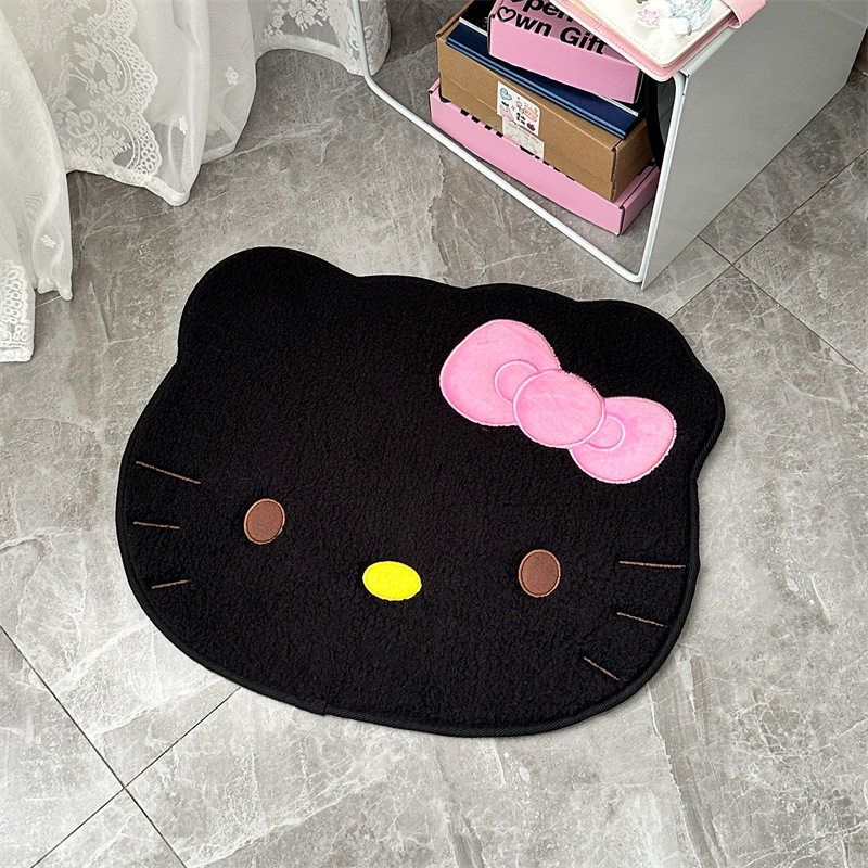 Cartoon Hello Kitty Car Floor Mats, Black Leather Interior Floor Mats for Both Driver and Passenger, Cute Cat Pillow and Backrest Cushion