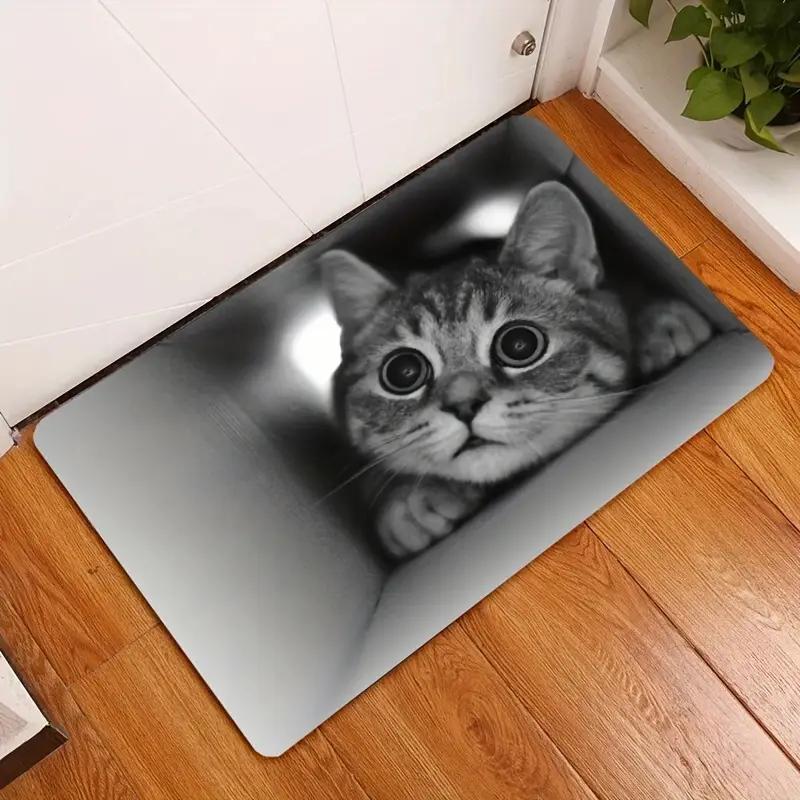Black White Cat Door Mat Cute Kitten Face Pattern Entrance Rug Soft Non-Slip Animal Print Welcome Mat for Pet Lovers Home Decor