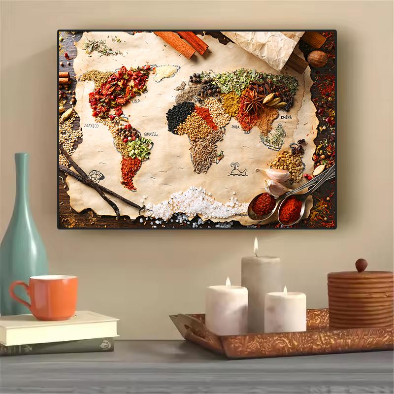 Spices Map Canvas Painting Grains Spoon Peppers Wall Art Kitchen Poster Print Decorative Picture For Dining Room Home Decor Unframed