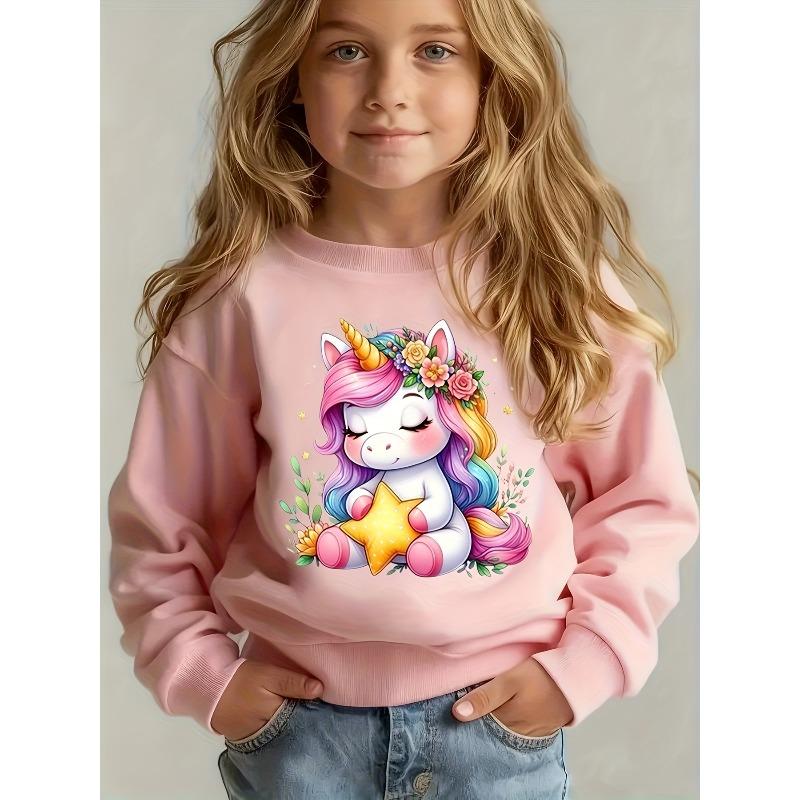 European sizes Kids' Fashionable Comfortable Cute Unicorn Holding Star Print Crew Neck Sweatshirt | Casual Style, Slight Stretch Fabric