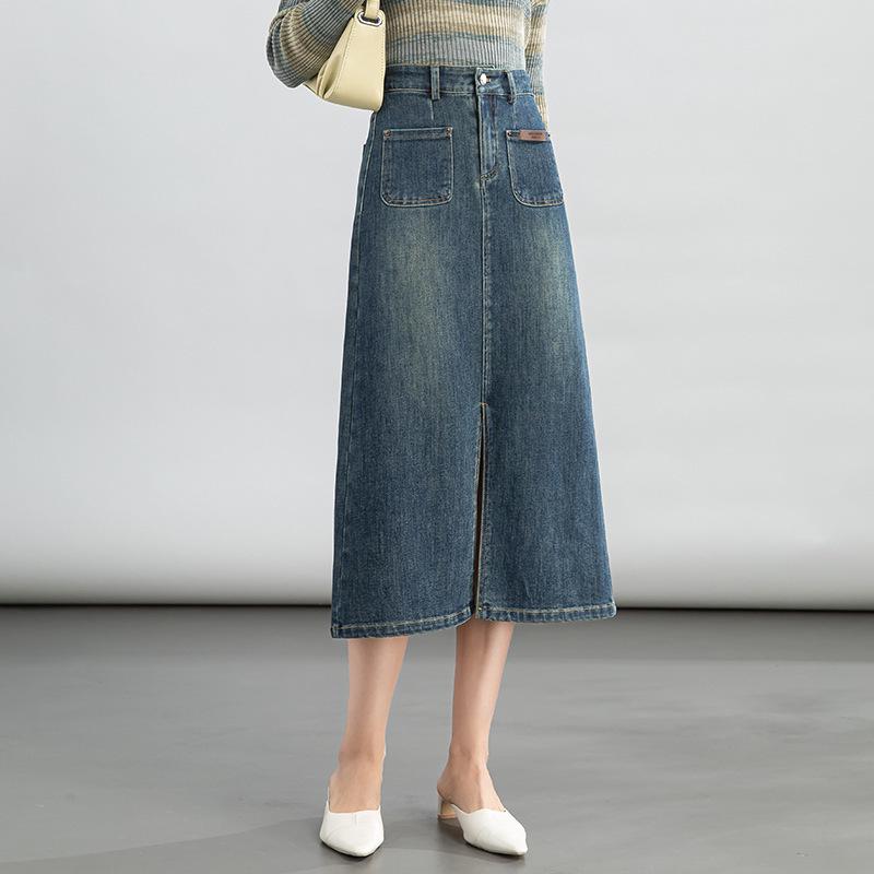 Witty 2026 Spring Retro Korean A-line High Waist Denim Midi Skirt S (45-50 kg) синий/джинсовый
