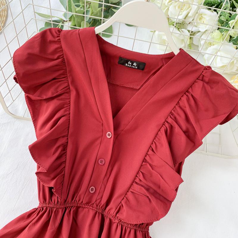 Fashion Ruffle Dress Women Sweet V Neck Sleeveless Pleated Dress Casual Summer Dress Vestidos