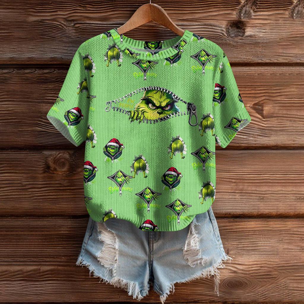 Women's Cute Sweater Knitted Fashion Casual Round-neck Short-sleeved  Cozy Print Top