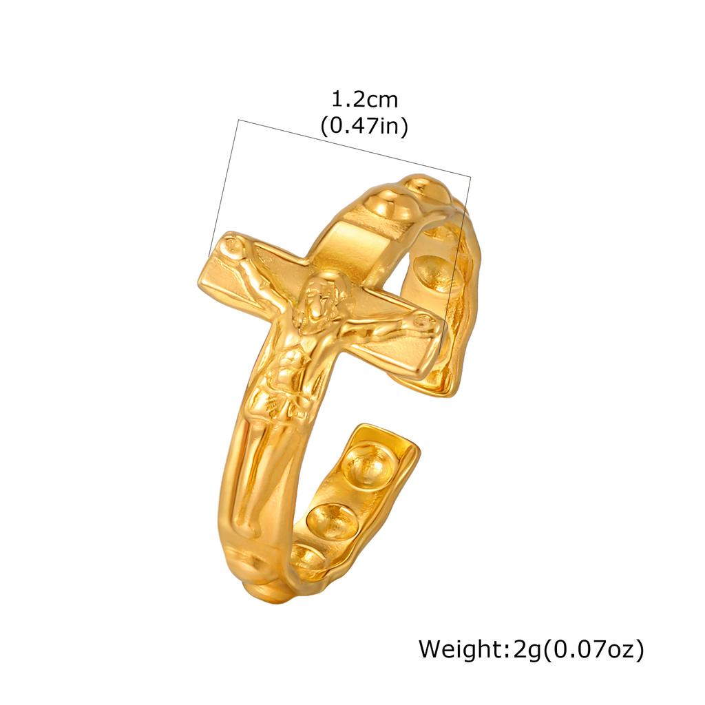 Offener Kreuzring für Männer, Edelstahl Schwarz/Gold/Silber Farbe Jesus Kruzifix Verstellbares Band, Punk Glaubensschmuck Geschenk
