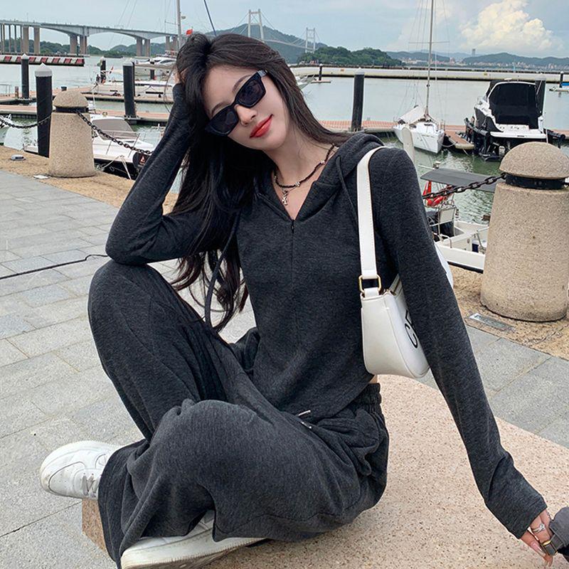 

Women s Casual Solid Color Zipper Hooded Cardigan & Shorts Set for Autumn/Winter XL