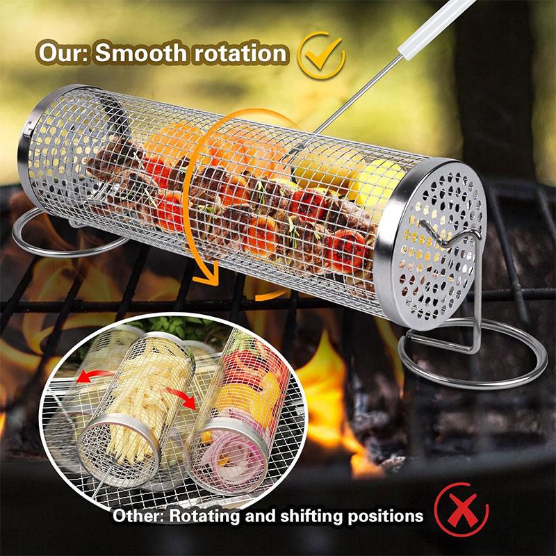 Stainless Steel Rolling Grilling Baskets 360° Large Heavy Duty BBQ Basket Round Mesh Rotation Barbecue Cage Cooking Accessories