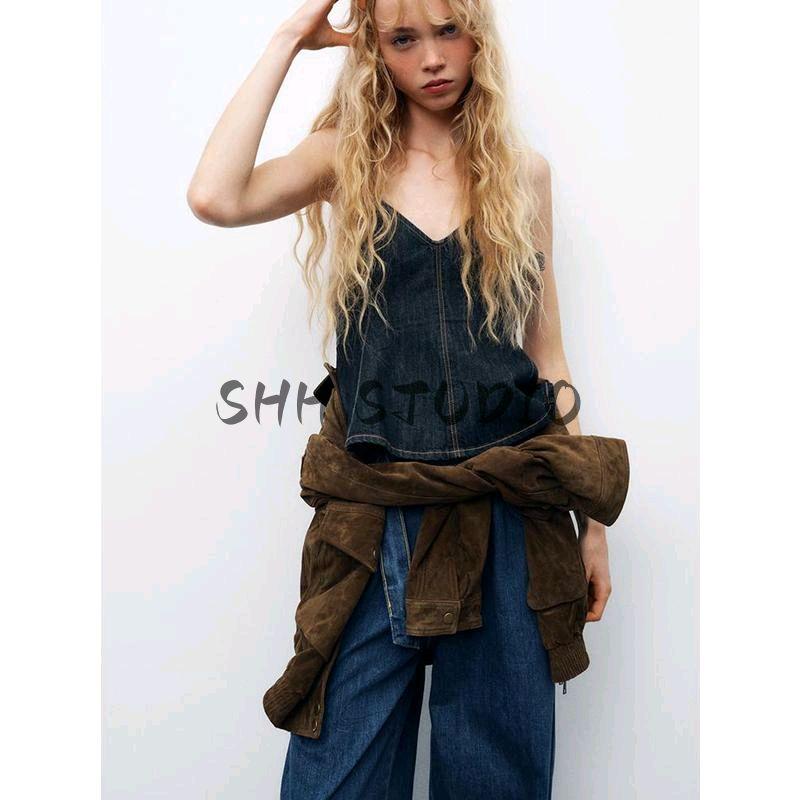 Spring New Women clothes French style Pure Desire Wind Wave Wide Swing V-neck Fine Sling Denim Top 8197064