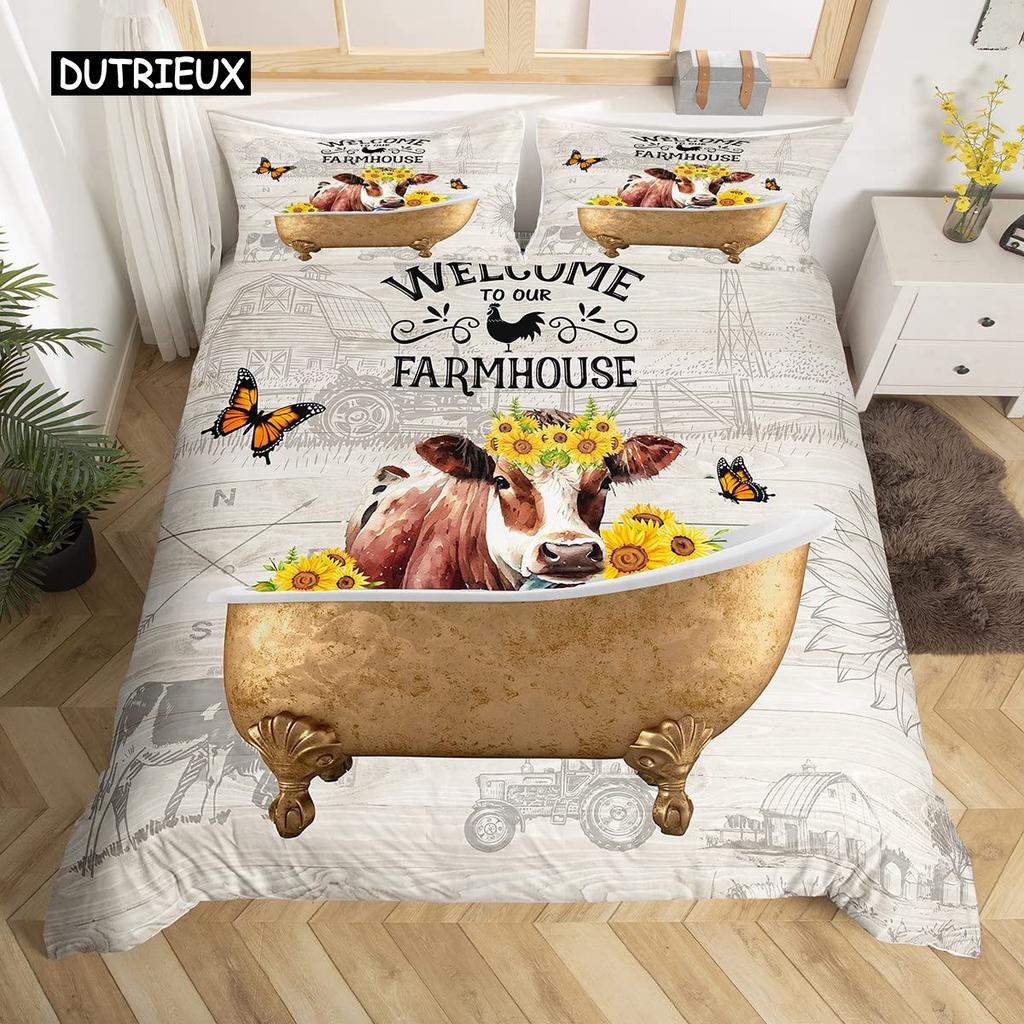 Kuh Bettbezug Set Twin King Size Bauernhoftier Bettwäsche Set Grüner Rankenblätter Druck Bettdeckenbezug Rustikale Holzbrett Steppdecke