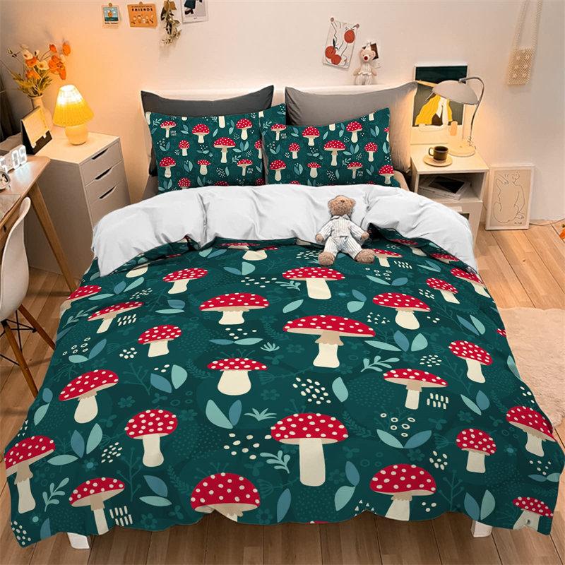 Watercolor Mushroom Duvet Cover Set Wild Forest Various Mushroom Bedding Set Fantastic Landscape Comforter Cover For Kids Adults