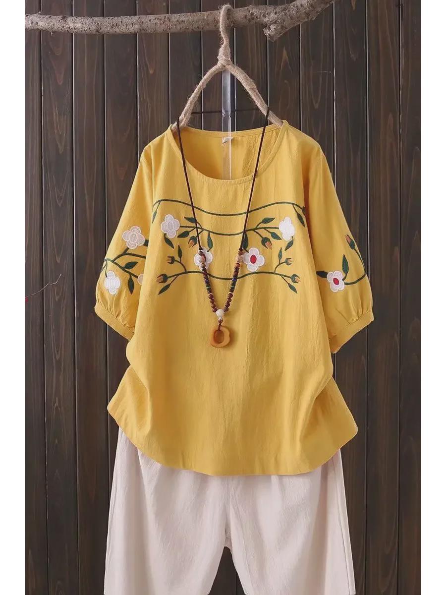 

Женская летняя футболка из хлопка и льна с вышивкой в стиле ретро — свободный крой, этнический стиль, короткий рукав, размер плюс, утягивающий топ XXL for 135-150 lbs