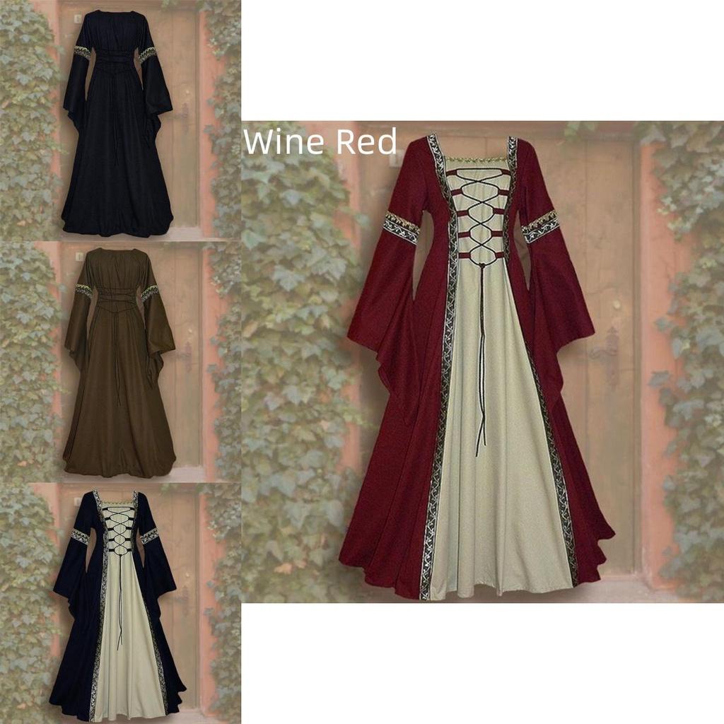Women's Medieval Maiden Fancy Over Dress Victorian Dress Costume In Wine Red