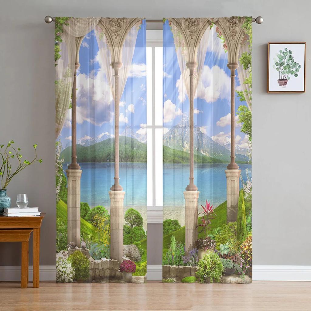 Lake Snow Mountain Forest Chiffon Sheer Curtains For Living Room Home Decoration Window Voile Tulle Curtain Drapes