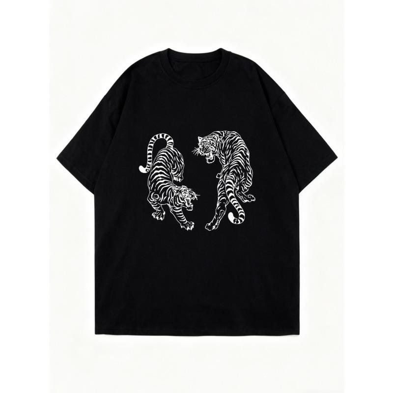 Nadměrné tričko s černým tygřím potiskem, grafický design pro běžné nošení a streetový styl