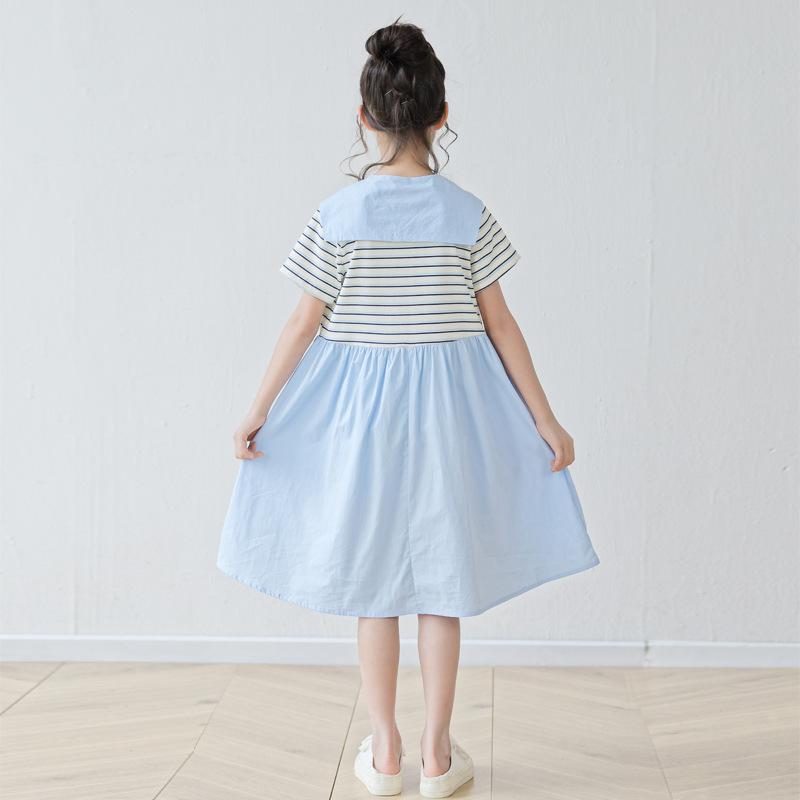 Girls' Fashionable Cotton Dress for Summer, Children's Casual Striped Short-sleeved Blue Dress